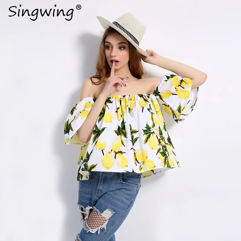 

Singwing NEW ARRIVALS Lemon Shirts Blouse Ruffles Slash Neck Women's Shirts Summer Fashion Short Sleeve Blouse Tops