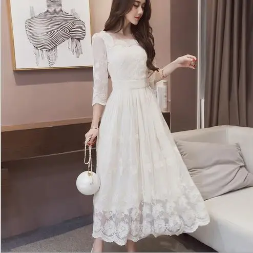 

Retro 2018 Autumn Korean Style Women Dress Lace Long Elegant Ladies Dresses Slim A Line Work White Brief Femme Vestidos Q329