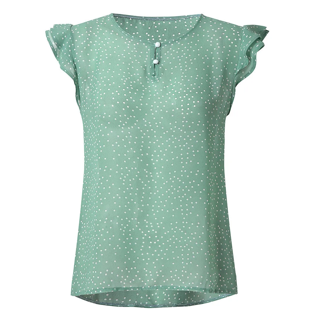 Модные женские шифоновые блузки, летние офисные повседневные женские туники в горошек, свободные рубашки с коротким рукавом, топы - Цвет: Зеленый