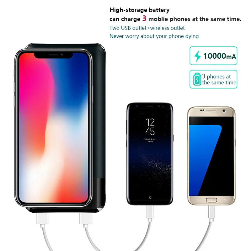

Qi Wireless Charger 10000mAh Portable External Power bank Type-c Micro USB Dual Input LED Display Double Output Powerbank