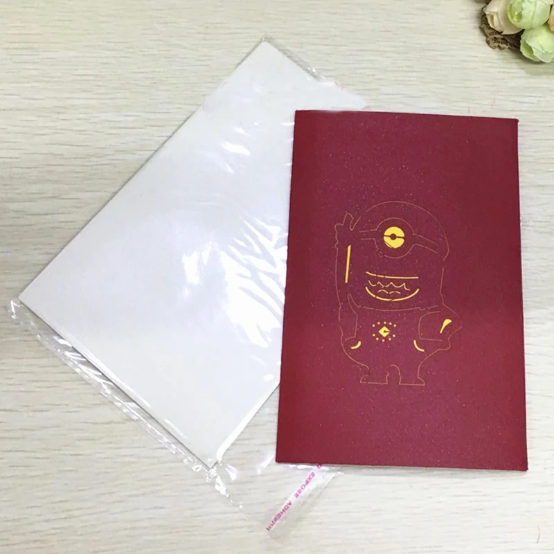 1pcs Sample Minions Postcard Greeting Gift Cards Kraft Kirigami 3D Handmade Pop Up Laser Cut with Envelope Kids Birthday Gifts (2)