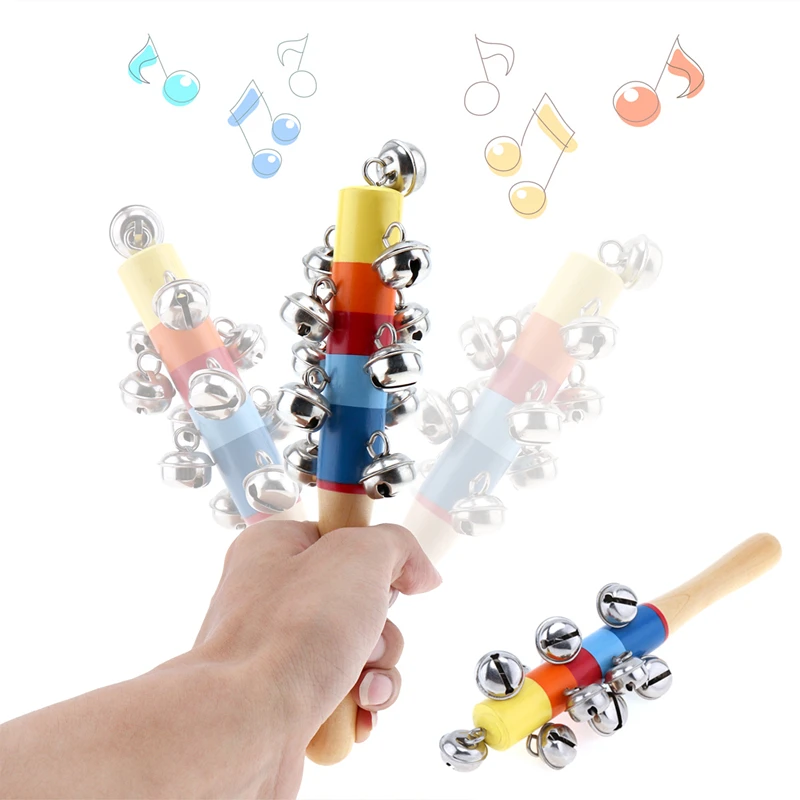 

Colorful Wooden Bell Stick 11 Jingle Bells Hand Shake Rattles Baby Kids Children Educational Musical Instrument Toy