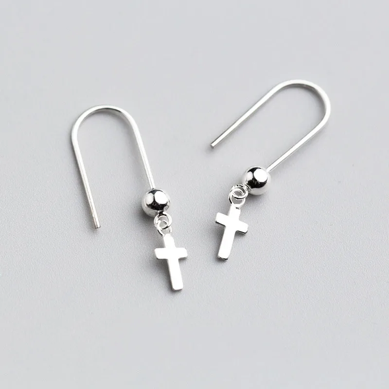 Simple Cross Beads Solid 925 Sterling Silver Dangling Earrings