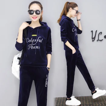 

new 2017 Autumn winter women hoodies sweatshirt pants 2 piece clothing set velvet letter decor pleuche leisure suit plus size