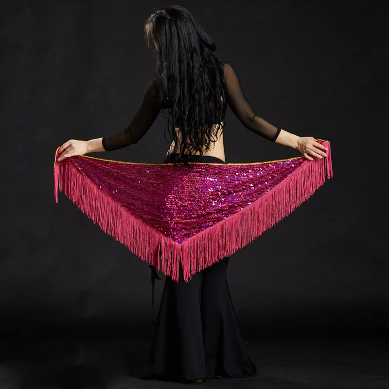 Высококачественный шарф, 9 цветов, одежда для танца живота, аксессуары, Длинная кисточка, треугольные ремни, набедренный шарф, блестящий набедренный пояс для женщин - Цвет: Fuchsia