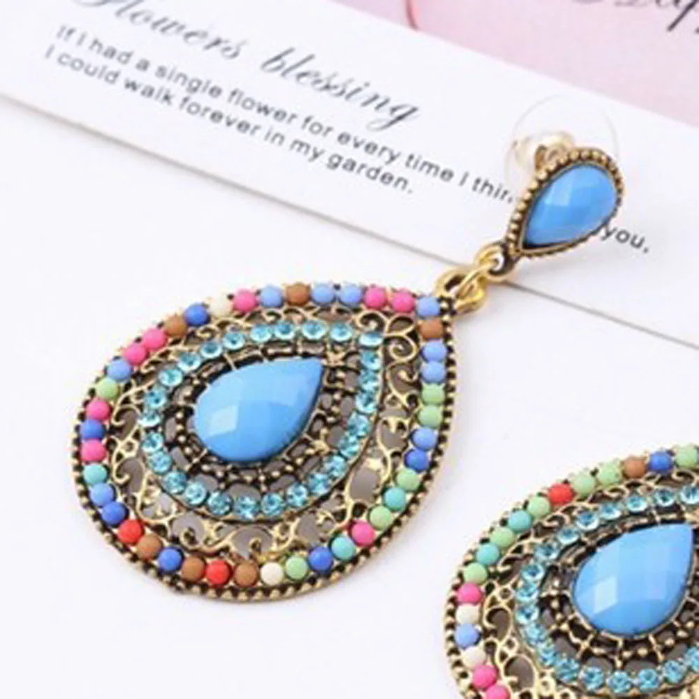 

2017 New Ethnic Jewelry Alloy Earring Multi Color Full Rhinestone Filled Large Water Drop Bohemia Dangle Earrings