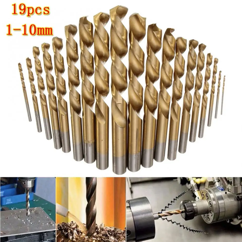 

19pcs Manual Twist Drill Bits Titanium Coated HSS High Speed Steel Drill Bit Set Tool 1mm - 10mm Power Tool Accessories