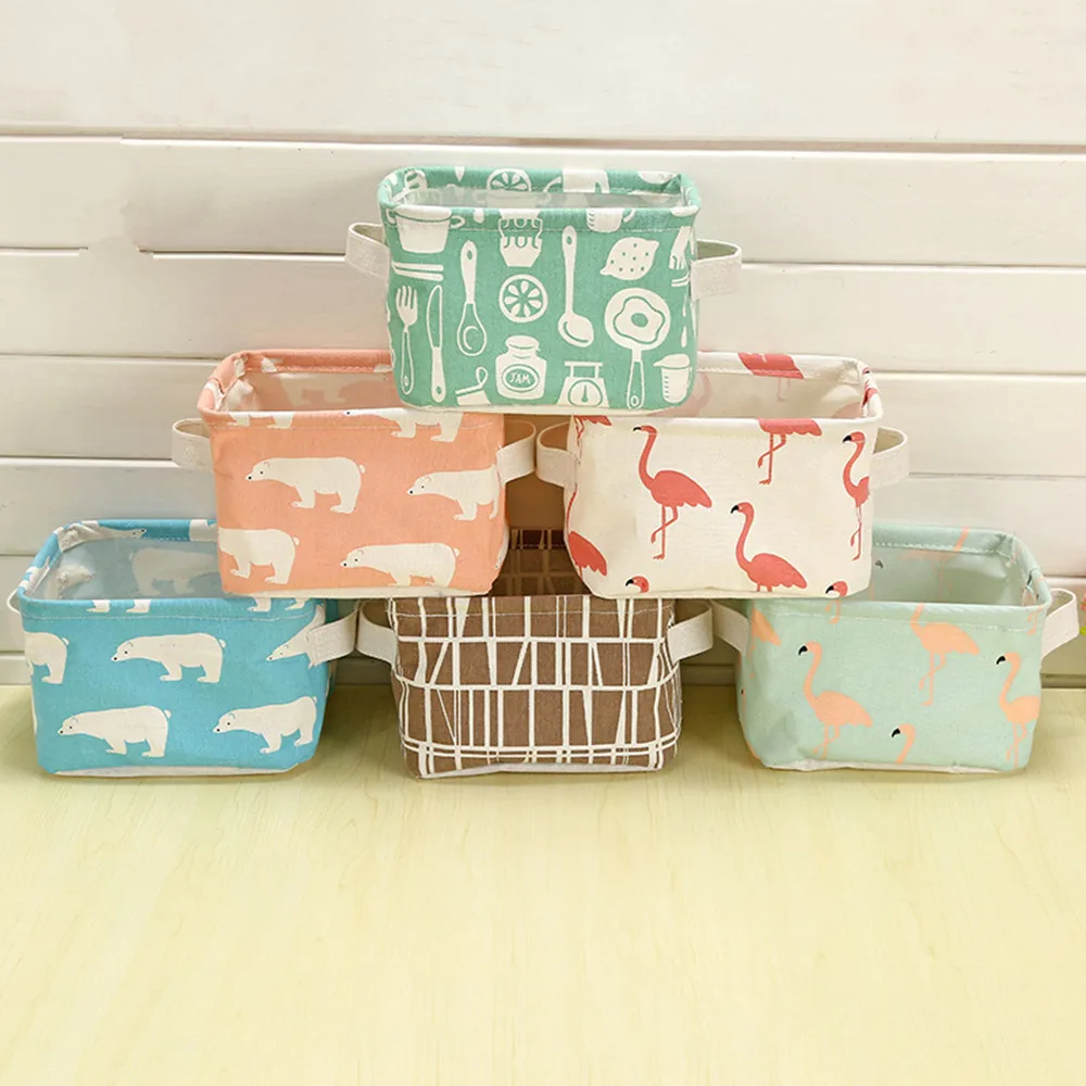 

1pc Waterproof Cotton Linen Desktop Storage Square Basket for Toiletries Cosmetic Handle Table Cloth Box Container
