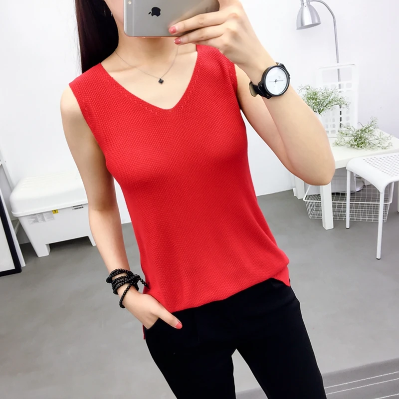2017 new vest summer V collar short ride all-match loose wear sweater female backing |