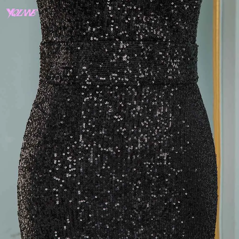 Модное Черное вечернее платье с блестками с длинным рукавом Формальное вечернее платье «русалка» с высоким вырезом YQLNNE