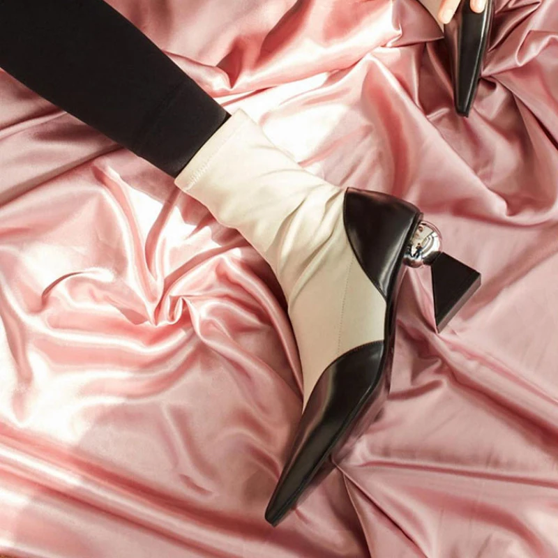 

Brand Sock Boots Square Toe Mixed Color Slip On Ankle Boots Strange Heel European Autumn Winter Women Shoes Chaussures Femmes