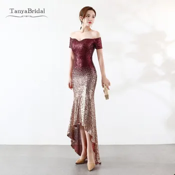 

High-Low Sequined Bridesmaid Dresses Mermaid Contrast Color Maid Of Honor De Festa Abiti Real DB001