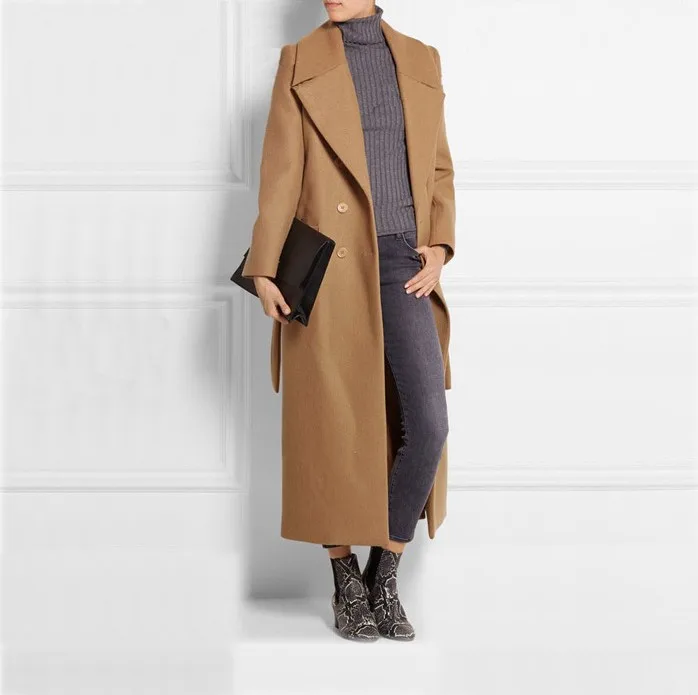 

New Women Autumn Winter Double-Breasted Turn-down Collar Wool Coats Long Cashmere Overcoat Woolen Trench Coat Outwear Plus Size