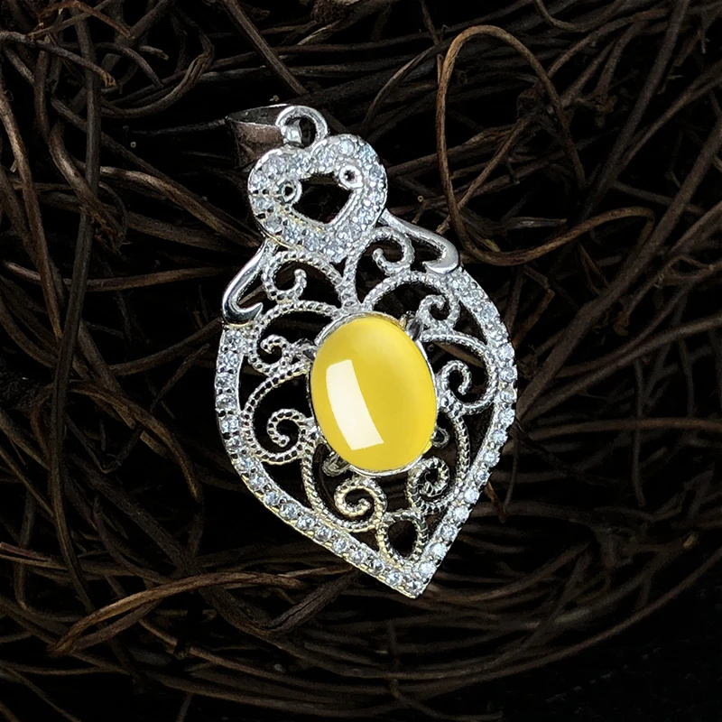 

NOT FAKE S925 Sterling Silver Israel Amber Pedants Artisan Baltic Big Gemstone For necklace lithuania Retro Chalcedony Yellow
