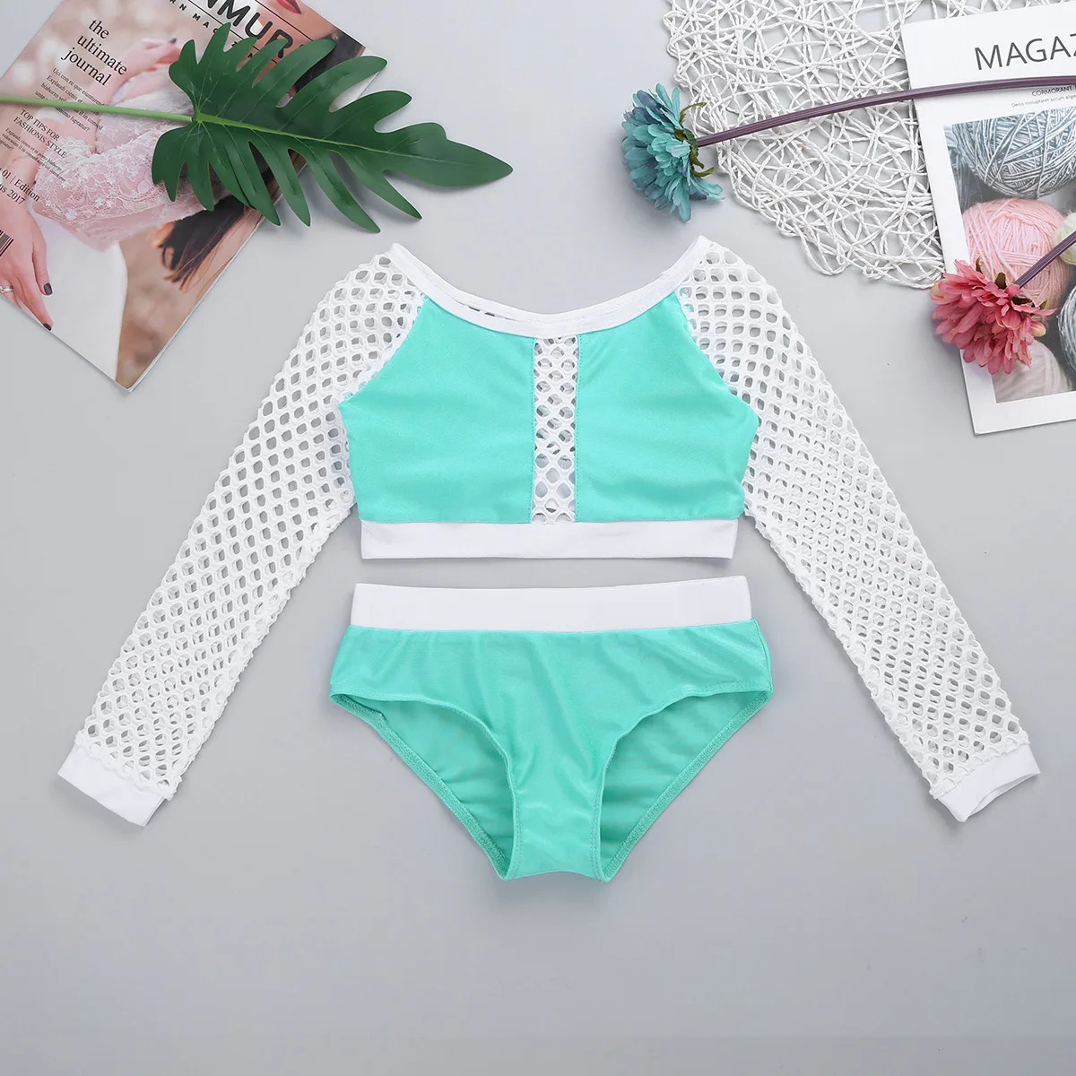 

Kids Girls Dancewear Two-Piece Long Fishnet Sleeves Crop Top with Bottoms Ballerina Swimsuit for Dancing Stage Performance