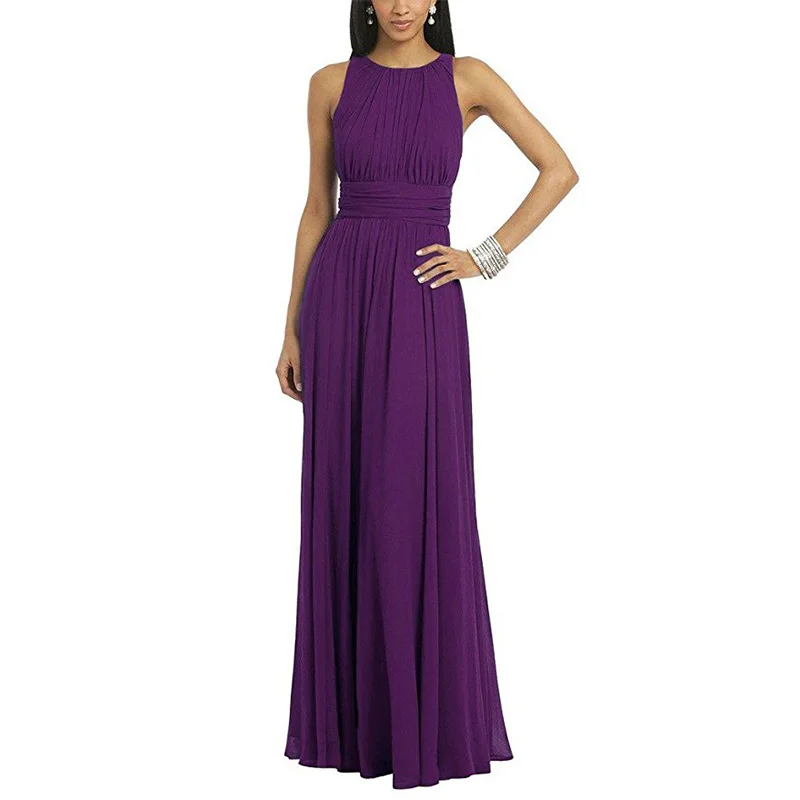 Фиолетовые платья подружки невесты с круглым вырезом без рукавов в пол