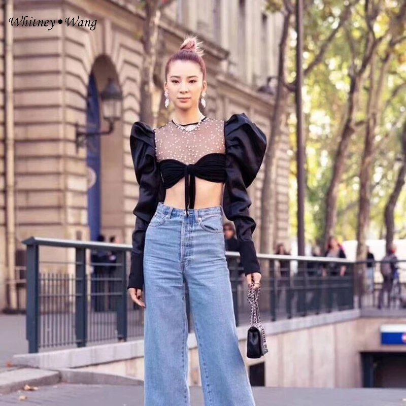 

WHITNEY WANG Blouses Woman 2019 Fashion Streetwear See Through Rhinestone Patchwork Puff Sleeve Blouse Women Blusas Shirt Tops