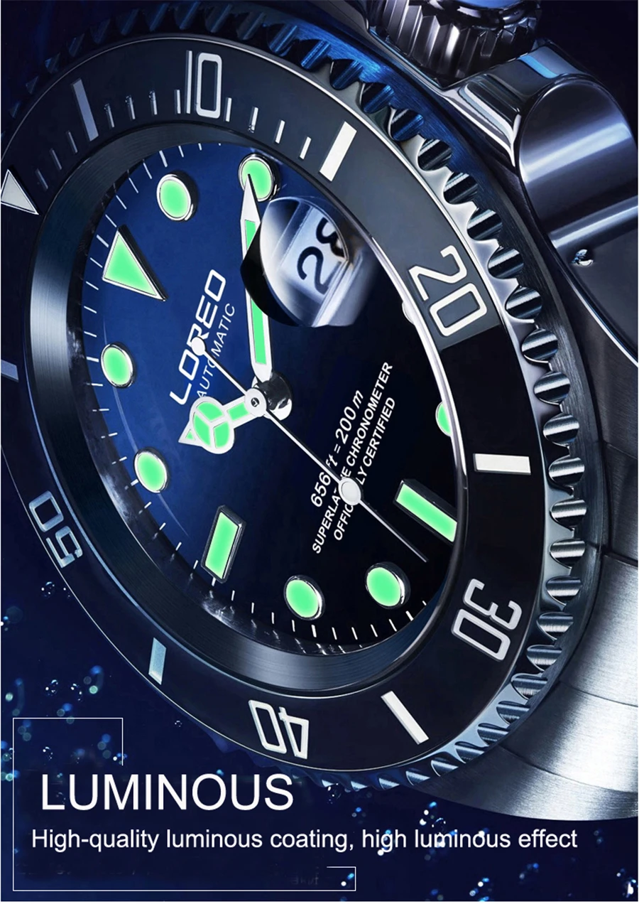 LOREO Brand Water Ghost Series Classic Green Dial Luxury Men Automatic Watches Stainless Steel 200m Waterproof Mechanical Watch