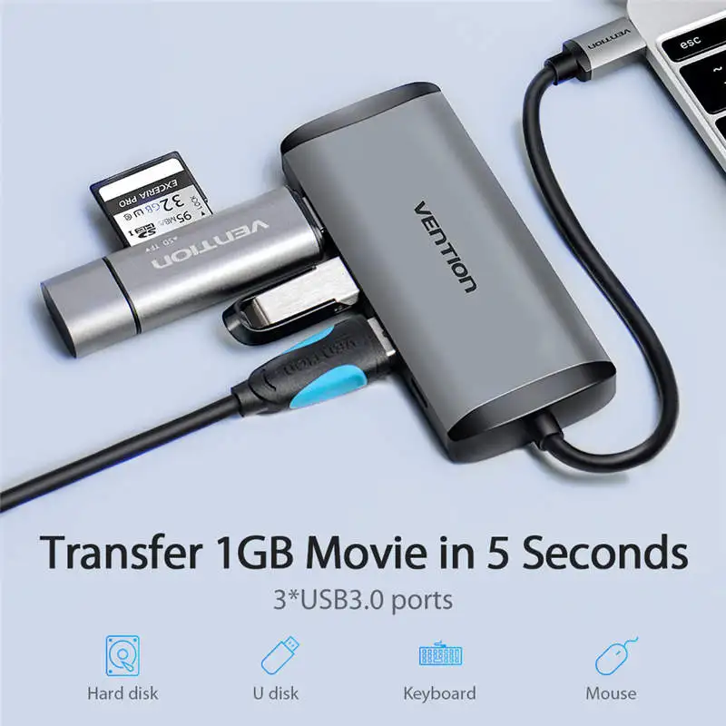 Vention Thunderbolt 3 док-станция USB 3,0 type C к HDMI usb-хаб RJ45 адаптер для MacBook Pro huawei P30/P20 samsung usb c адаптер