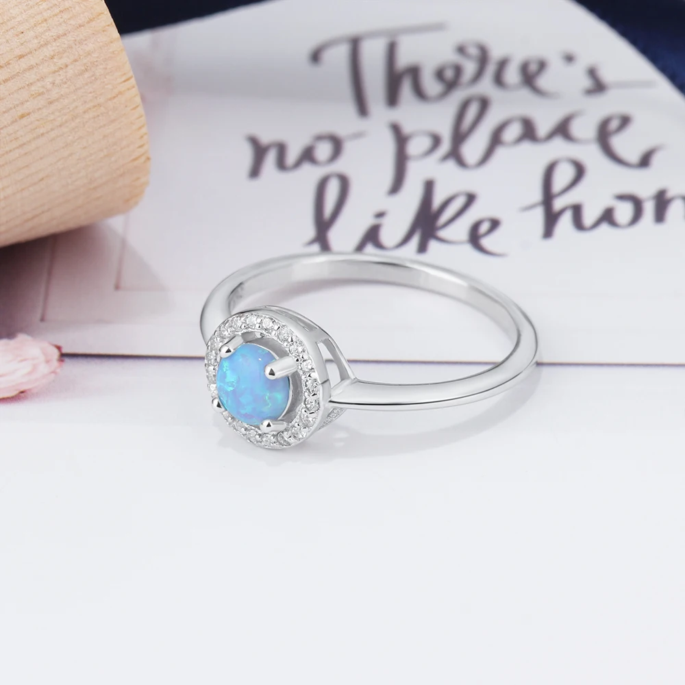 9mm Round Blue Opal Stone Wedding Ring Soild 925 Sterling Silver Jewelry Accessorise Rings For Women Gift (JewelOra RI103299)