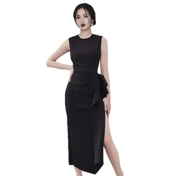

2019 Summer New Elegant Sleeveless O-Neck Fashion Irregular Split Slim Black Long Dress Women's High Quality Party Dress Vestido