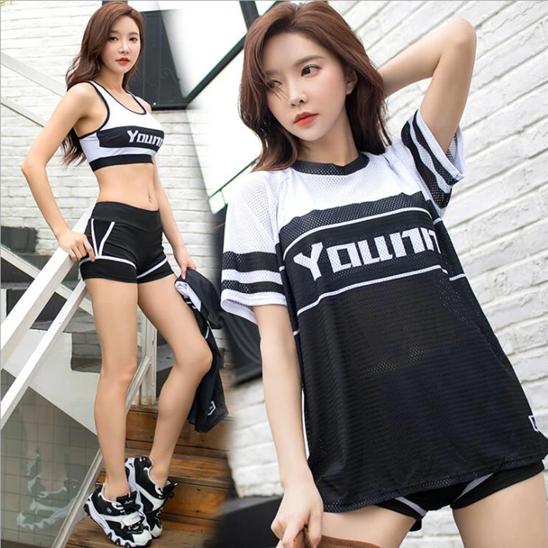 

Women plus size 3 pieces yoga sets bra+t shirt+shorts sports wear for women gym clothing loose workout clothes jogging femme