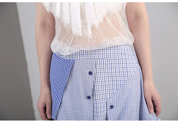 Korean Style Women Summer Asymmetrical Blue Striped Casual Skirt Ruffles Elastic Waist Ladies Stylish Skirt Robe Femme 5243