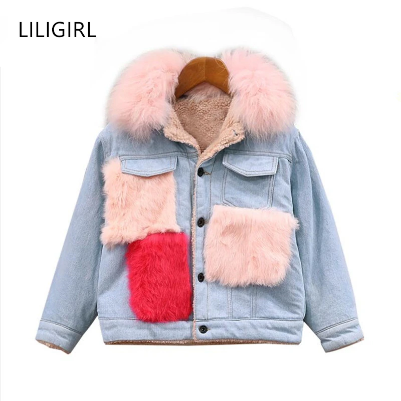 

LILIGIRL Kids Warm Lambswool Clothes 2019 New Baby Girls Denim Jacket Coat for Children's Fashion Plus Velvet Outwear Windbreak