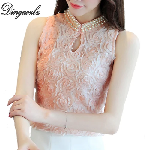 

Dingaozlz Summer Floral lace tops Sleeveless Casual Beaded Chiffon shirt korean fashion clothing Patchwork Women shirt Vest Tops