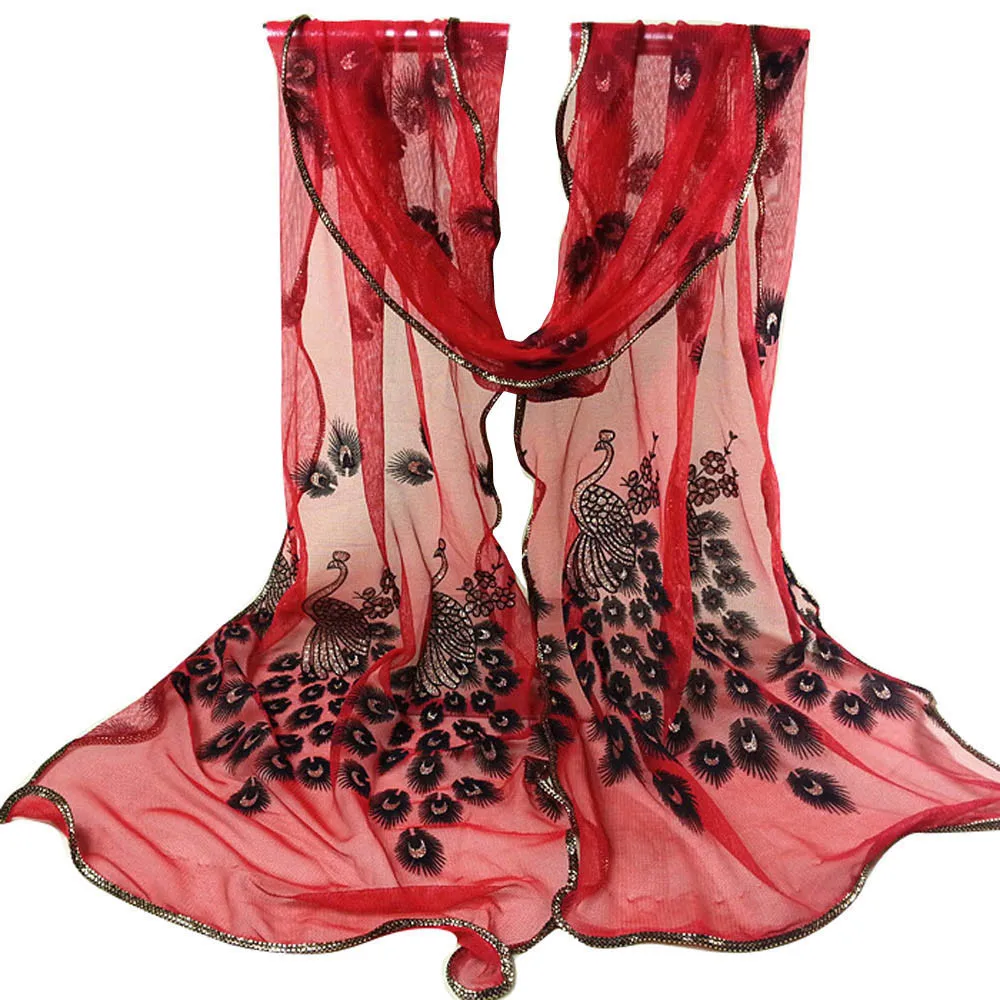Женский шарф, женский кружевной шарф с вышитыми цветами павлина, длинная мягкая шаль, шаль Moda Mujer Bufandas Invierno#10 - Цвет: Red