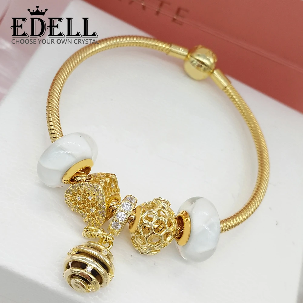 

EDELL 100% 925 Sterling Silver SHINE HONEYBEE CHAR HONEYCOMB LACE CHARM SHINE QUEEN BEE PENDANT 18K Gold Sweet Bracelet Set