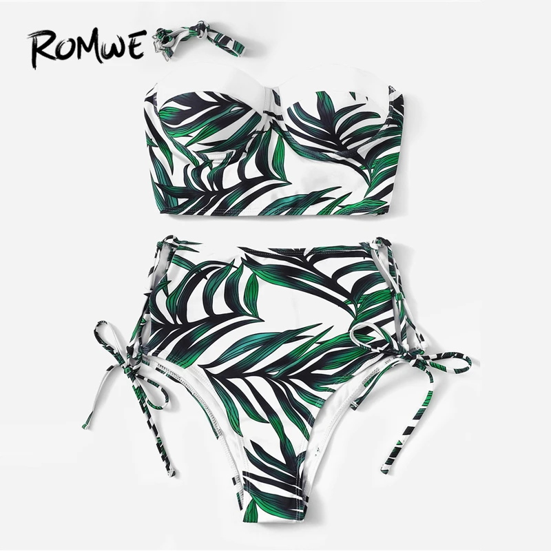 Romwe/комплект спортивных бикини со съемными бретельками, топ-бандо со шнуровкой, женские летние сексуальные костюмы из двух предметов, пляжная одежда