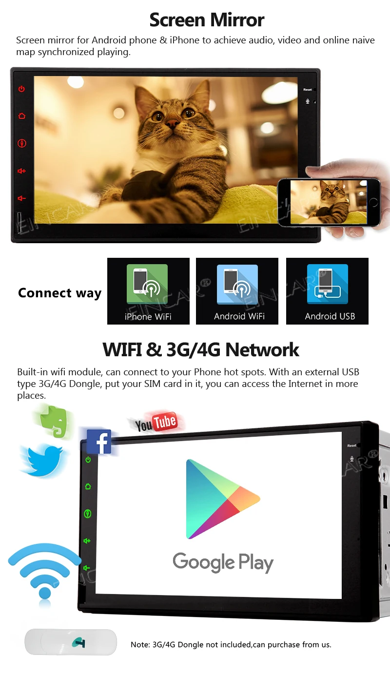 Поддержка 1080P видео WiFi Зеркало Ссылка 3G/4G DVR CAM IN EinCar Android 6 0 система Восьмиядерный
