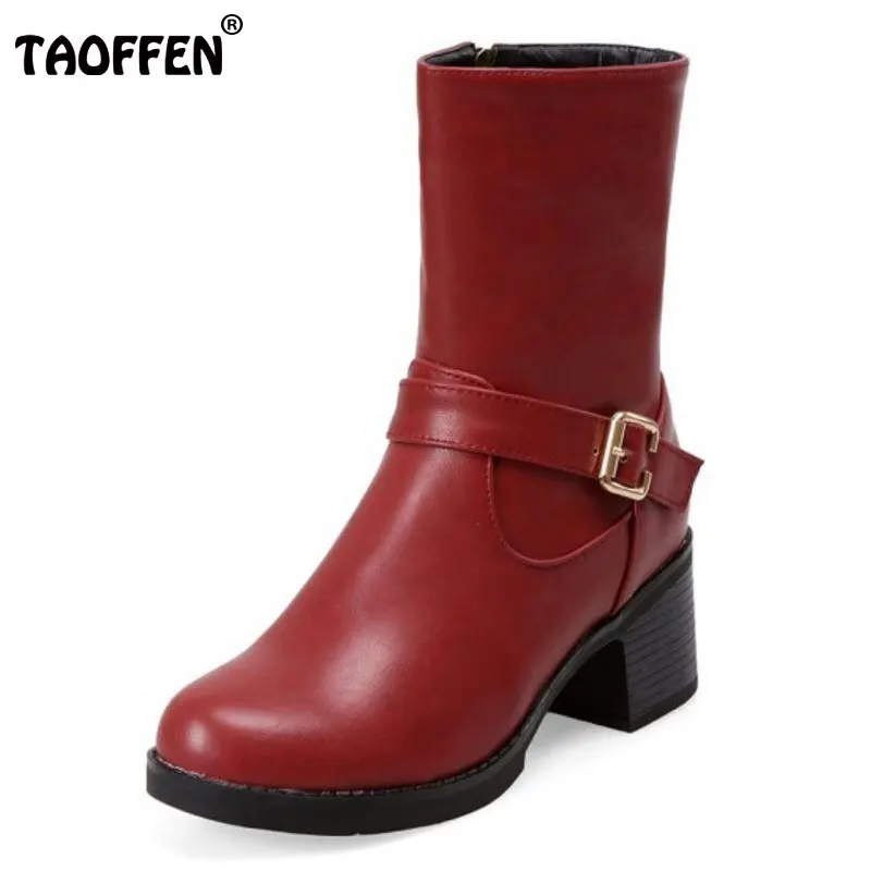 

TAOFFEN Size 33-43 Winter Shoes Women Thick High Heel Half Short Winter Boots For Women Zipper Buckle Strap Plush Warm Botas