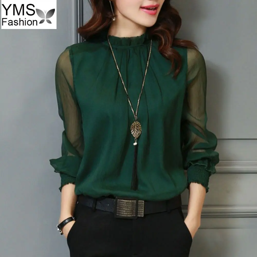 

New 2017 Women Chiffon Blouse Shirts Korean Long Sleeve Stand Neck Female Shirt Casual Tops Sexy Transparent Lace Shirts