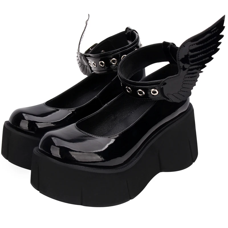 Модные Классические весенние женские туфли на высоком каблуке; туфли на платформе в стиле Лолиты; новые женские повседневные черные туфли в стиле Лолиты с крыльями демона