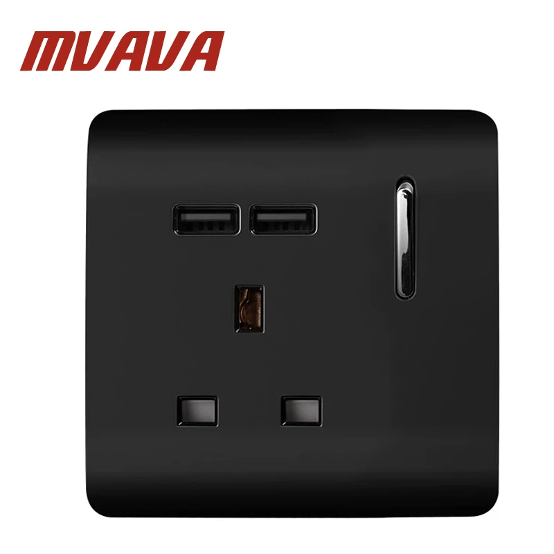 

MVAVA 88*88MM Black 13A 110-250V UK Style LED Indicator Socket With Double USB Wall Socket UK Standard PC Panel Wall Socket