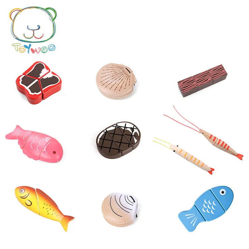 [Toy Woo] игрушки Детские кухонные Развивающие деревянные дома моделирование мясо рыбы морепродукты Монтессори образование кухонные игрушки подарки