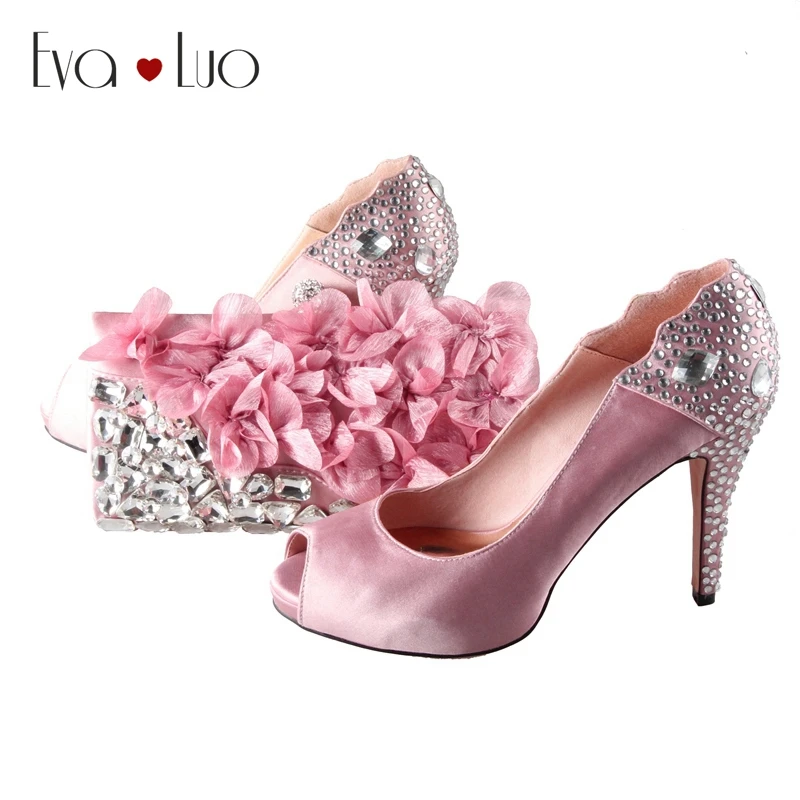BS010 Custom Made Pink Rose Crystal African Shoes And Bag