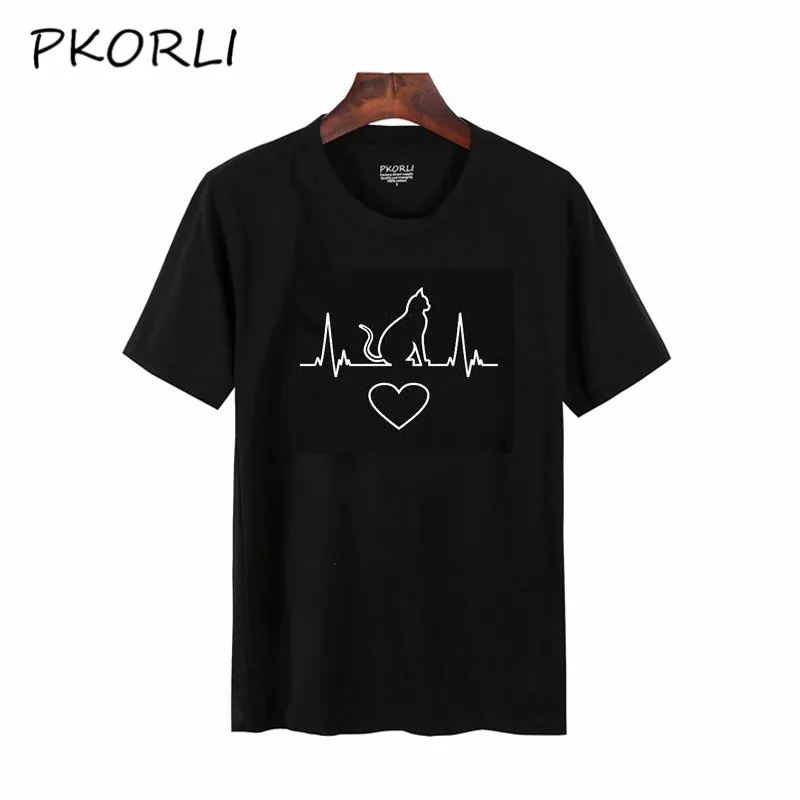 Pkorli Кот сердцебиение футболка для влюбленных забавный графический принт кошка