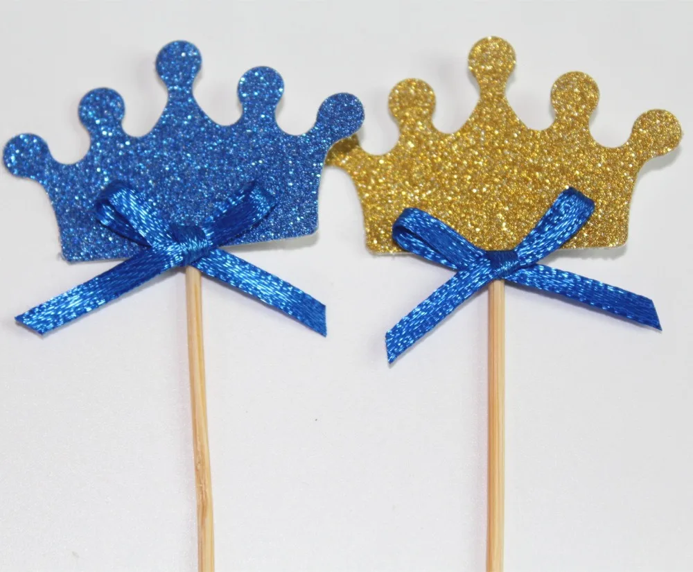 16 Gold Blue Glitter Crown Cupcake Toppers boy kids 1st first birthday