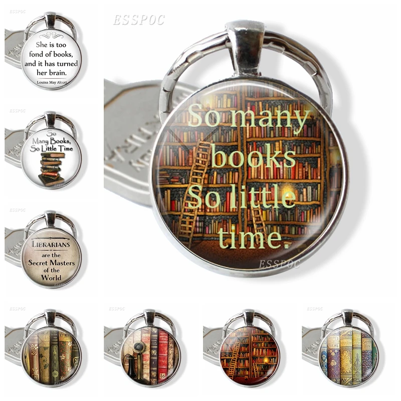 

Books and Library Keychain " So Many Books, So Little Time " Quotes Glass Cabochon Pendant Women Fashion Jewelry Gift for Friend