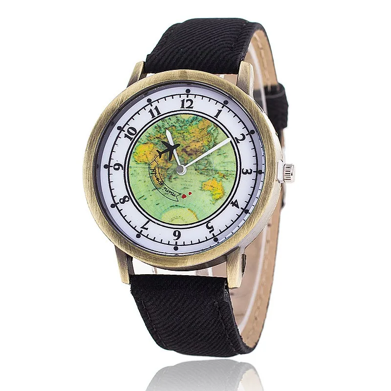 Модные часы для путешествий на самолете с картой из джинсовой ткани, повседневные женские наручные часы, кварцевые часы, подарок для женщин