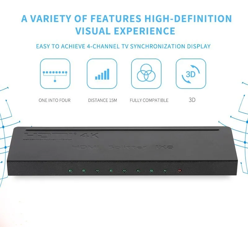  4K*2k 1x8 HDMI 8 Port HDMI Video Splitter Audio Amplifier Repeater 3D 1080p 1 In to 8 Out 1x8 HDMI 