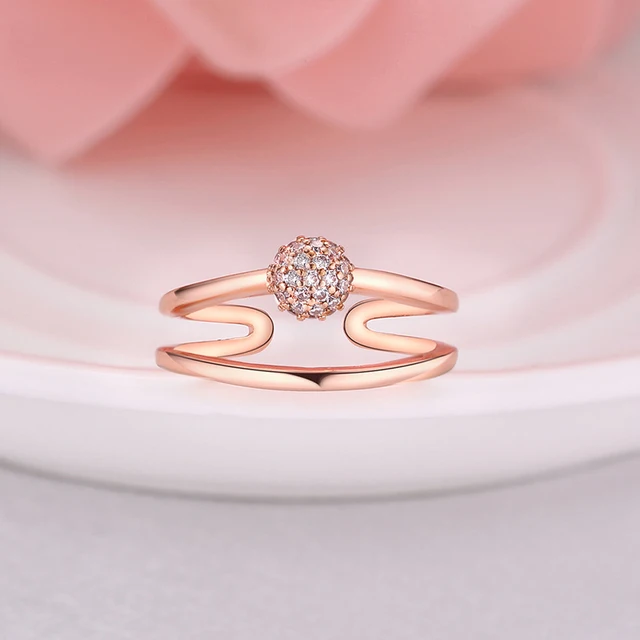 Women Open Geometric Wedding Ring Zircon Ball Rose Gold Color Filled Unique OL Rings For Ladies Bijoux Resizable