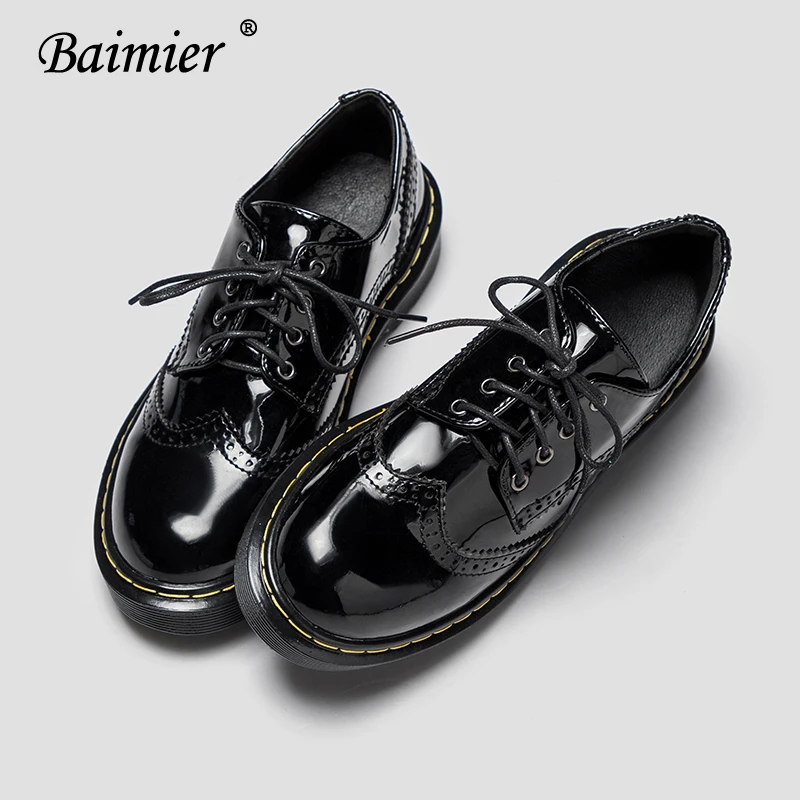 Baimier/Коллекция года; осенние женские туфли-оксфорды из лакированной кожи; обувь с перфорацией типа «броги» в британском стиле; женские оксфорды на шнуровке; обувь на плоской подошве