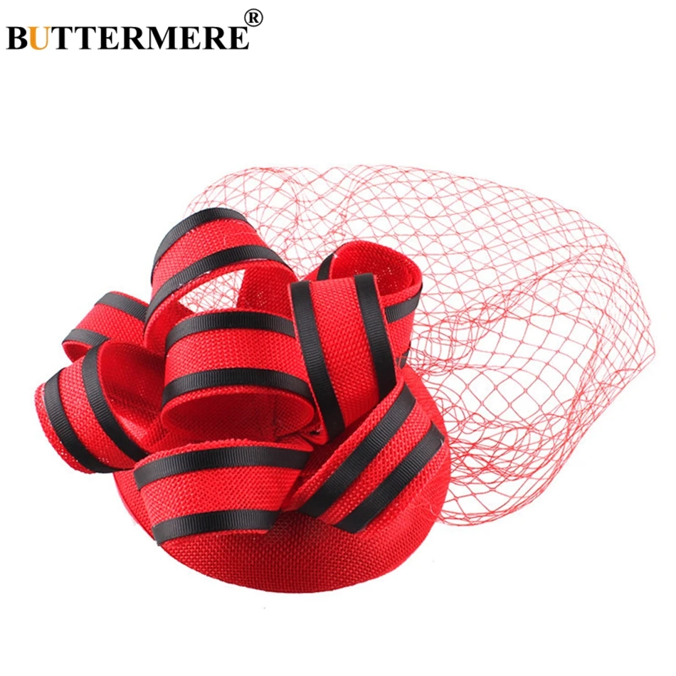 

BUTTERMERE Wedding Hat Veil Red Fascinator Fedora Hats Ladies Mesh Pillbox Church Classic Wedding Female Party Cocktail Hat