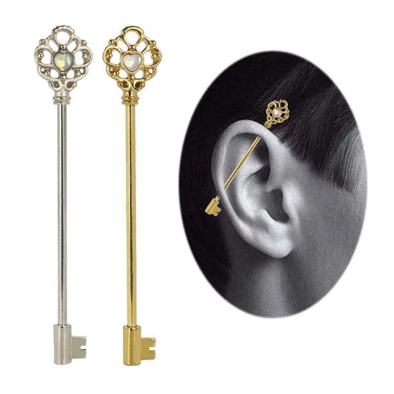 

14G Industrial Cartilage Piercing Bar Stainless Steel Opal Stone Key Barbell Long Straight Silver Gold Women Men Body Jewelry