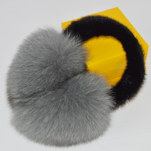 New Real Big Fox Fur Earmuffs Women Winter Fluffy Genuine Fox Fur Ear Muffs Lady Luxury With Mink Fur Ear Cover Earflap - Цвет: grey