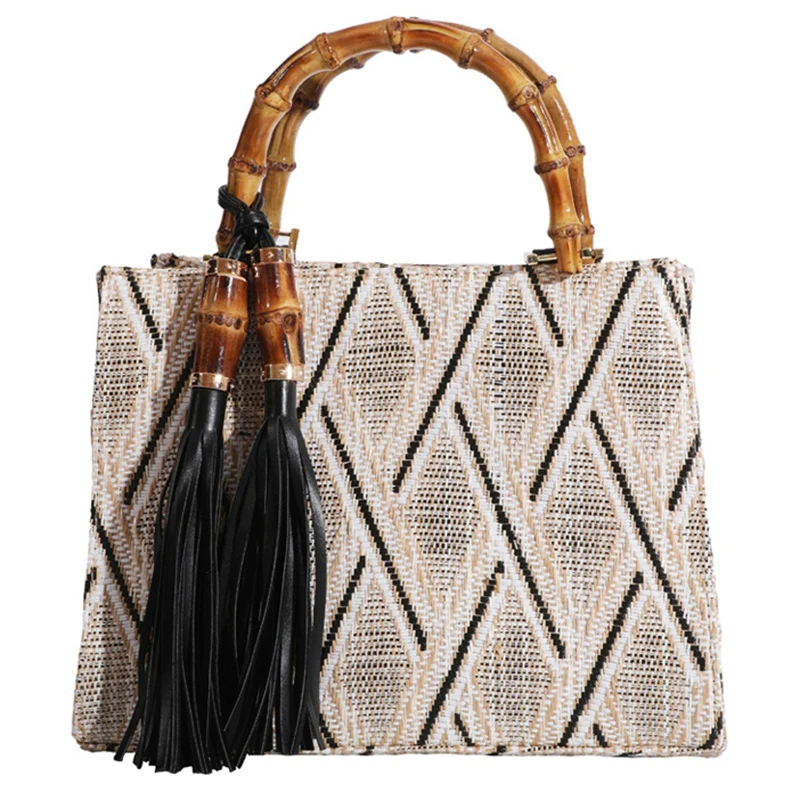 

NEW-Fashion Ladies Tote Bags Woven Rattan Handle Bags For Women Tassel Top-Handle Bags Bohemian Girls Handbags
